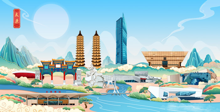 太原國潮城市地標(biāo)建筑插畫手繪