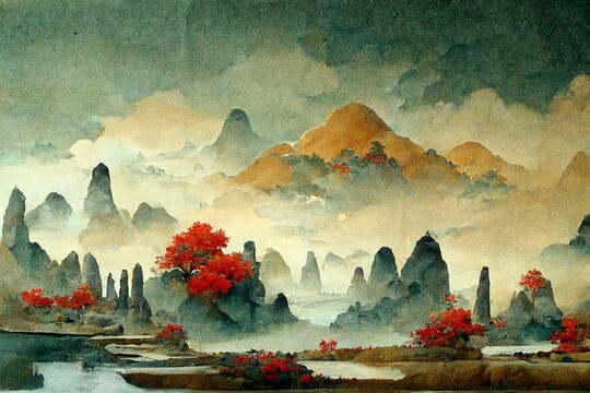 手繪水墨意境山水背景墻裝飾畫