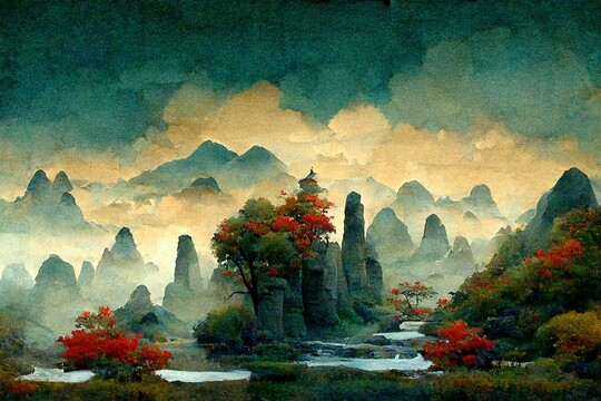 手繪水墨意境山水背景墻裝飾畫