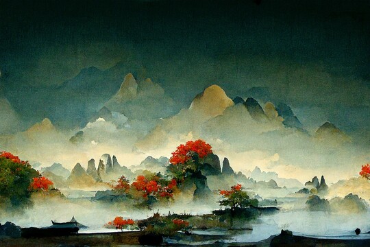 手繪水墨意境山水背景墻裝飾畫