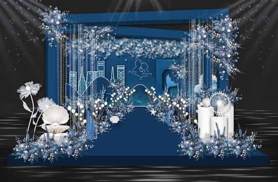 蓝色海洋风婚礼舞台效果图