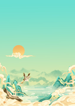 國(guó)風(fēng)山水仙鶴意境插畫(huà)背景豎版
