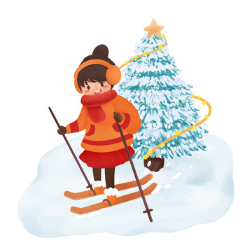 冬天滑雪女孩雪樹