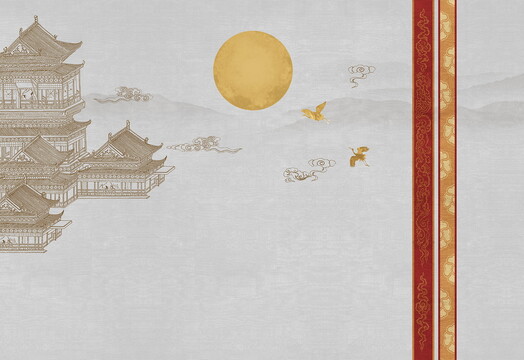 輕奢新中式山水閣樓背景墻