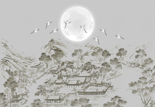 中式仙鹤山水意境背景墙