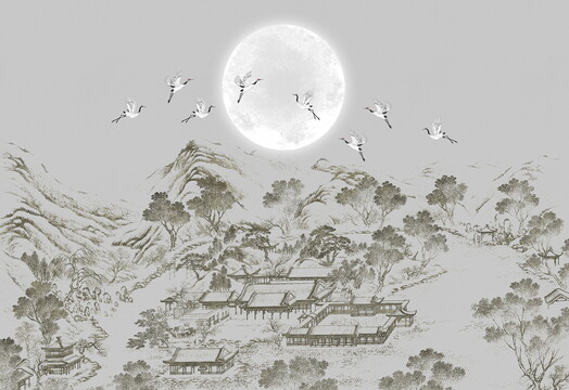 中式仙鶴山水意境背景墻