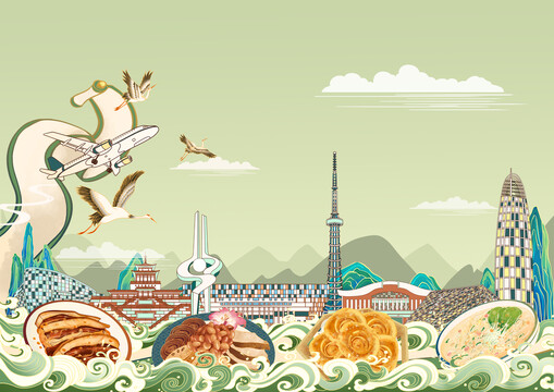 濟(jì)南城市地標(biāo)建筑美食小吃橫版