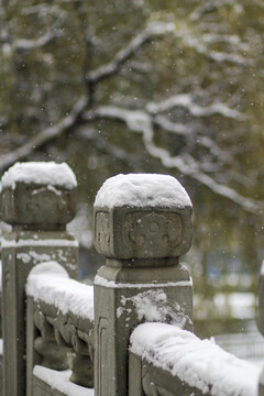 冬天里校园石柱上厚厚的积雪