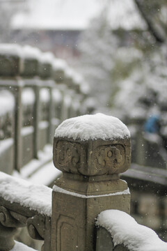 冬天里校园石柱上厚厚的积雪