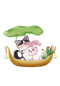 小狗與兔在花船上游玩