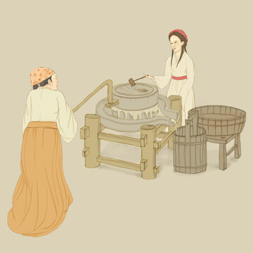 古裝女子石磨豆腐