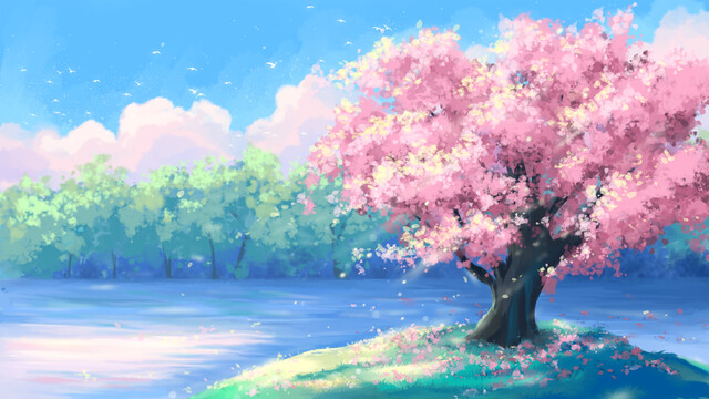 湖邊櫻花治愈唯美風(fēng)景插畫