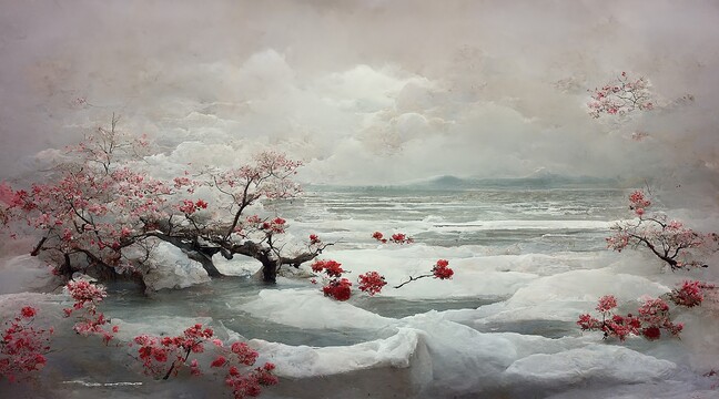 新中式冬季雪地梅花背景墻
