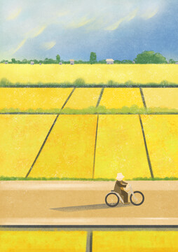 秋天田園騎單車稻田肌理插畫