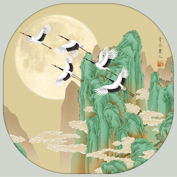 青綠金碧山水仙鶴圖
