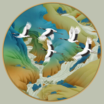青綠山水仙鶴圓形鏡心