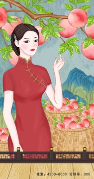 桃子美女插画