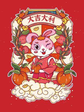 國潮風(fēng)大吉大利兔年插畫