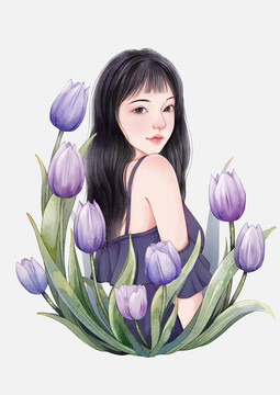 花儿与少女插画