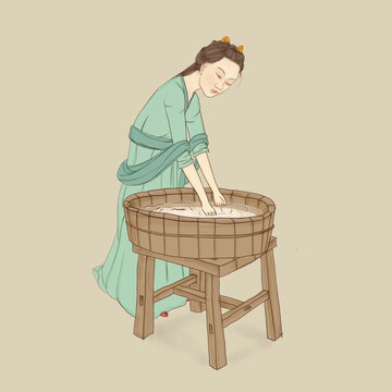 古装女子洗米淘米手绘插画