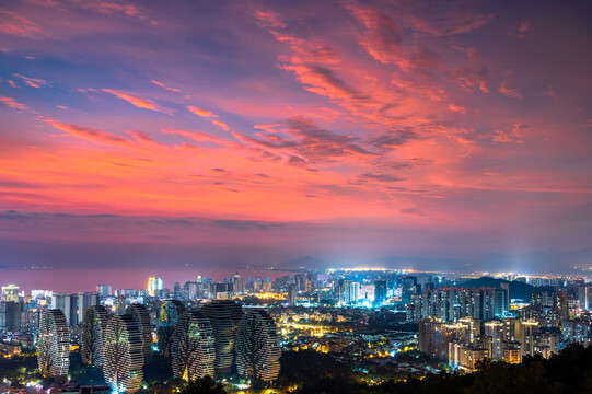 三亚城市天空日落红霞全景壁纸