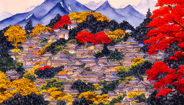 秋季古鎮(zhèn)裝飾畫