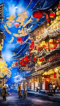 夜晚古鎮(zhèn)動漫裝飾畫