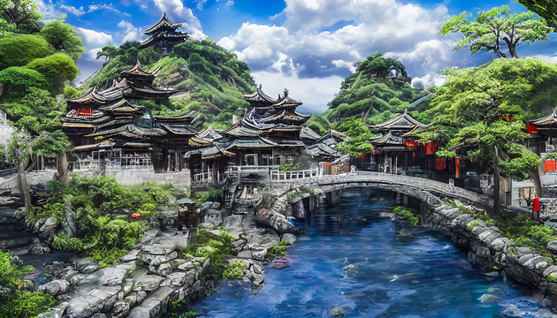 春季古鎮(zhèn)裝飾畫
