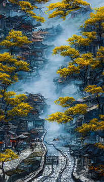 秋季古鎮(zhèn)裝飾畫