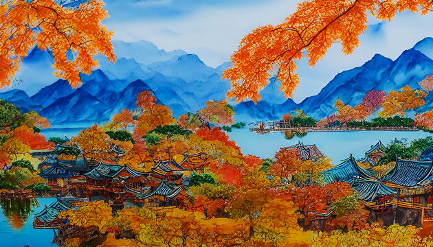 秋季古鎮(zhèn)裝飾畫