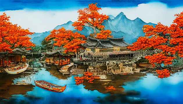秋季古鎮(zhèn)裝飾畫
