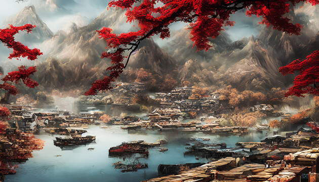秋季古鎮(zhèn)裝飾畫無框畫