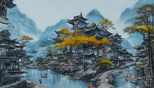 秋季古鎮(zhèn)裝飾畫無框畫