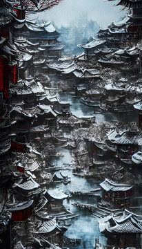 冬季古鎮(zhèn)裝飾畫(huà)無(wú)框畫(huà)