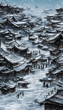 冬季古鎮(zhèn)裝飾畫無框畫