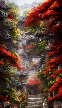 秋天古鎮(zhèn)裝飾畫無框畫