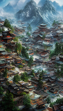 夏天古鎮(zhèn)裝飾畫無框畫