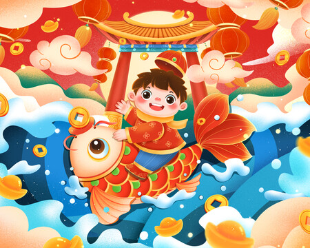 喜慶福娃鯉魚躍龍門插畫