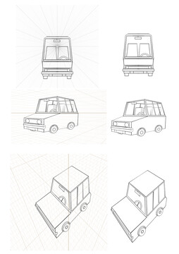 手绘汽车三视图线稿