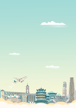 武漢城市地標建筑簡約插畫豎版