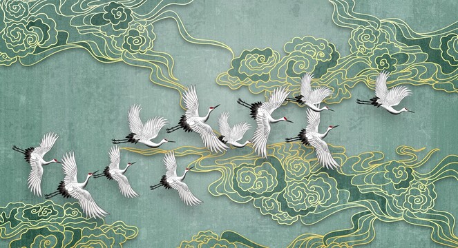 新中式祥云仙鶴背景墻