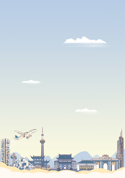 南京城市地标建筑背景插画竖版