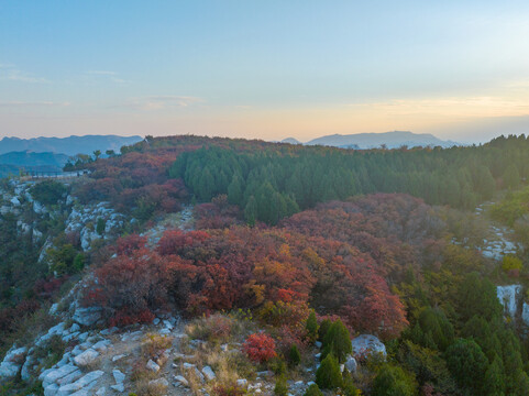 航拍济南蚰蜒山红叶