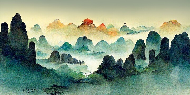 新中式手繪山水風(fēng)景意境裝飾畫