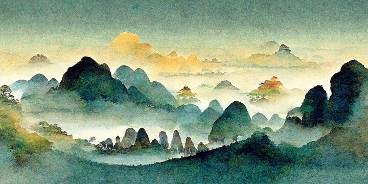 新中式手绘山水风景意境装饰画