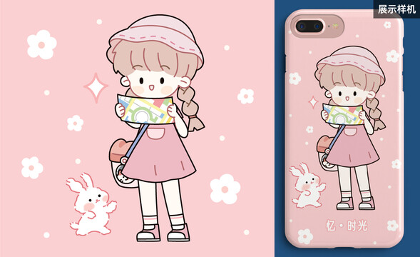 旅行女孩和兔子插畫