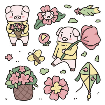 小豬花朵兒童畫(huà)貼紙風(fēng)箏手帳
