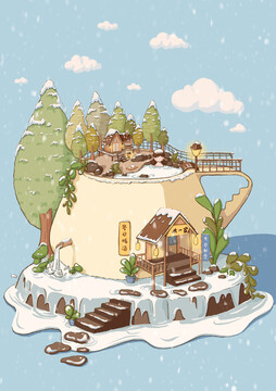 冬日暖湯初雪林間溫泉小屋插畫