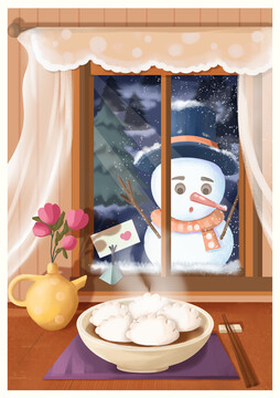 冬至雪人望熱騰騰的水餃