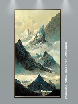 北歐手繪森林風(fēng)景雪山流水掛畫